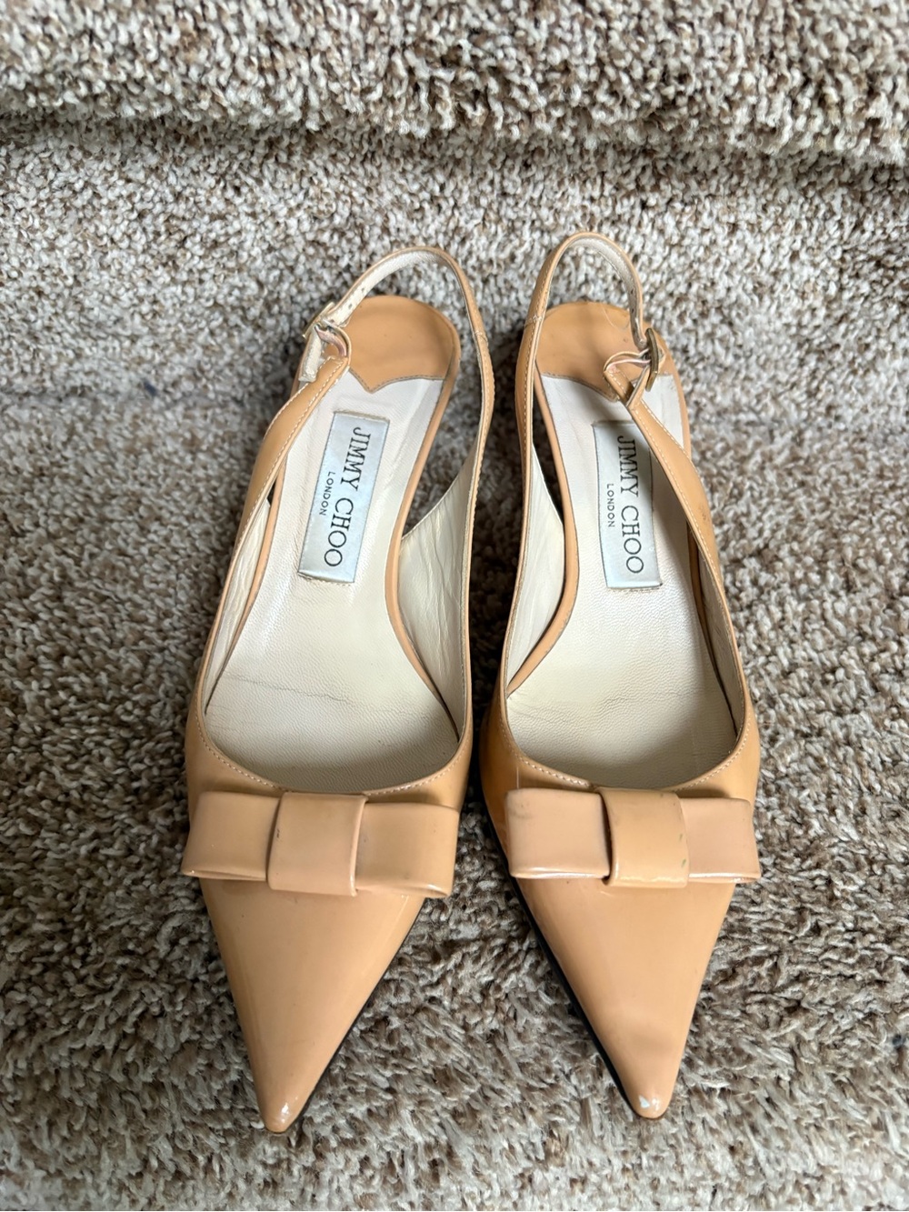 Jimmy Choo Women’s Tan Patent Leather Pointed-Toe Slingback Pumps with Bow